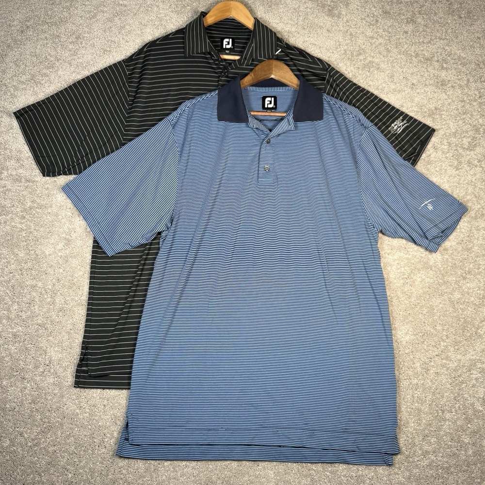 FootJoy Golf Polo Men's Large Striped Performance Shirts Black & Blue Logos